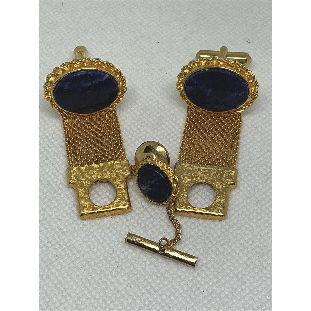 Vintage Retro Gold Tone Blue Stone Oval Mesh Wrap Around Cufflinks With Tie Tack